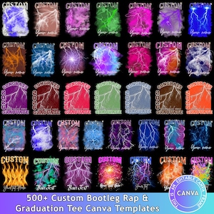May include: A collection of 500 custom graphic templates for apparel featuring lightning, fire, and nebula designs. Each design includes text elements such as CUSTOM, CONGRATS 2026 GRADUATE, and Your name or Your Text against a black background.