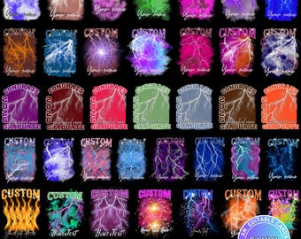 May include: A collection of 500 custom graphic templates for apparel featuring lightning, fire, and nebula designs. Each design includes text elements such as CUSTOM, CONGRATS 2026 GRADUATE, and Your name or Your Text against a black background.