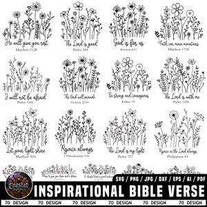 Könnte beinhalten: Schwarz-Weiß-Strichzeichnungen von Blumenarrangements mit Bibelversen. Zu den Versen gehören "Er wird dir Ruhe geben", "Der Herr ist gut" und "Gott ist für uns". Die Worte "INSPIRATIONAL BIBLE VERSE" sind ebenfalls vorhanden.