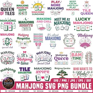 May include: A digital collection of 50 Mahjong-themed graphic designs featuring various colorful illustrations of Mahjong tiles, fans, flowers, and text phrases like Queen of Tiles, Mahjong Vibes, and Mahjong Social Club in diverse fonts.