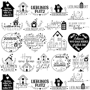 May include: A collection of twenty-five black and white graphic designs featuring house icons, heart shapes, and various German and English phrases related to home, love, and happiness, arranged in a grid format on a plain white background.