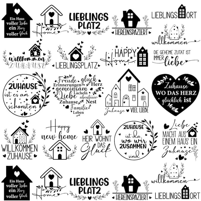 May include: A collection of twenty-five black and white graphic designs featuring house icons, heart shapes, and various German and English phrases related to home, love, and happiness, arranged in a grid format on a plain white background.