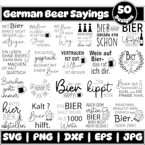 Può includere: Grafica in bianco e nero con il testo "German Beer Sayings" e 50 disegni. I disegni includono citazioni e frasi relative alla birra, insieme a immagini di boccali e bottiglie di birra. Opzioni di tipo di file in basso.