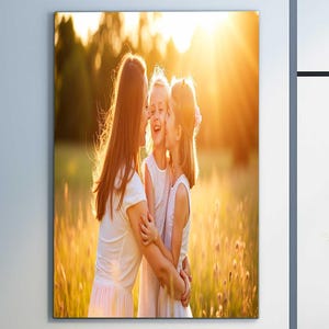 May include: A mother and two daughters stand in a field, smiling and hugging. The sun shines brightly behind them, creating a warm glow. The women are wearing white shirts and the field is filled with tall grass.