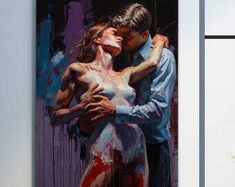 Romantic Couple Wall Art – Tempered Glass Print – Oil Painting Wall Art – Passionate Embrace Wall Art, Modern Home Decor, Office Wall Decor
