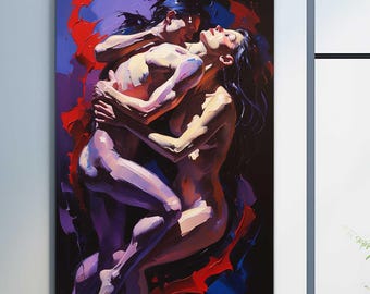 Romantic Couple Wall Art – Tempered Glass Print – Oil Painting Wall Art – Passionate Embrace Wall Art, Modern Home Decor, Office Wall Decor