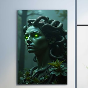 Medusa Tempered Glass Wall Art – Dark Mythological Decor – Gothic Gorgon Portrait Hanging – Fantasy Snake Hair Artwork – Bold Home Statement