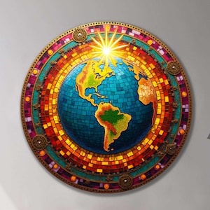 Decorazione da parete in vetro colorato a forma di globo, mappamondo rotonda in vetro temperato, regalo per gli amanti dei viaggi, pannello geografico, decorazione per ufficio, arte della terra audace