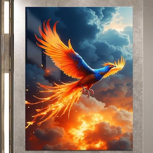 Phoenix Rising Tempered Glass Wall Art – Fire Bird Breaking Chains – Mythical Creature Wall Glass Decor – Rebirth Strength Symbol Gift