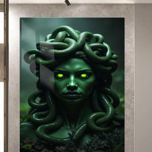 Medusa Tempered Glass Wall Art – Dark Mythological Decor – Gothic Gorgon Portrait Hanging – Fantasy Snake Hair Artwork – Bold Home Statement