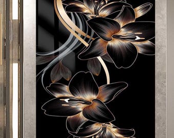 Black & Gold Floral Design, Modern Tempered Glass Wall Art, Elegant Glass Panel, Botanical Wall Decor, Home Art Piece, Stained Glass Flower