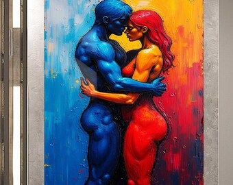 Romantic Couple Wall Art – Tempered Glass Print – Oil Painting Wall Art – Passionate Embrace Wall Art, Modern Home Decor, Office Wall Decor