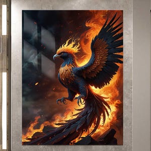 Phoenix Rising Tempered Glass Wall Art – Fire Bird Man Cave Wall Decor – Mythical Creature Wall Glass Decor – Rebirth Strength Symbol Gift