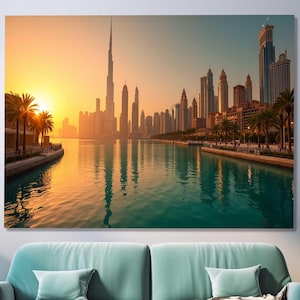 Dubai Sunset Skyline Wall Art – Tempered Glass Decor of Burj Khalifa View – Modern Cityscape for Elegant Home or Office Accent, Wall Hanging