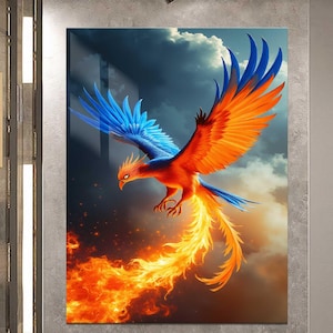 Phoenix Rising Tempered Glass Wall Art – Fire Bird Breaking Chains – Mythical Creature Wall Glass Decor – Rebirth Strength Symbol Gift