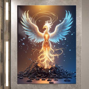 Phoenix Rising Tempered Glass Wall Art – Fire Bird Breaking Chains – Mythical Creature Wall Glass Decor – Rebirth Strength Symbol Gift