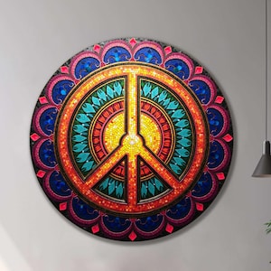 Art mural en verre mosaïque soleil et paix, décoration ronde en verre trempé coloré, panneau bohème hippie, cadeau symbole spirituel, accent rétro vibrant