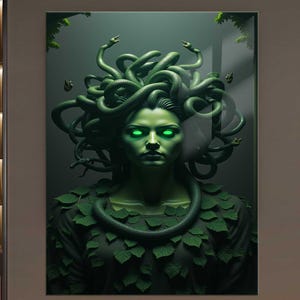 Medusa Tempered Glass Wall Art – Dark Mythological Decor – Gothic Gorgon Portrait Hanging – Fantasy Snake Hair Artwork – Bold Home Statement
