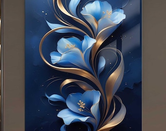 Luxury Blue Floral Wall Art on Tempered Glass – Modern Gold Accents, Elegant Botanical Decor for Living Room or Bedroom Wall, Wall Hanging