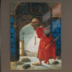 May include: A painting of a man in a red robe and a turban, standing in a doorway with a flute in his hand. He is looking down at a group of turtles on the floor. The doorway is decorated with intricate tile work.
