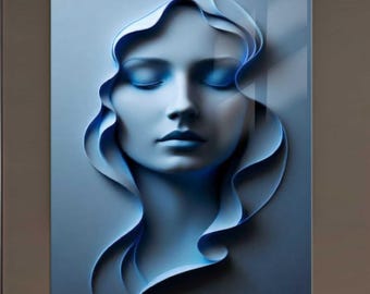 Abstract Face Wall Art – Tempered Glass Print – Modern 3D Effect Artwork ,Blue Office Wall Decor, Elegant Minimalist Home Accent, Wall Glass