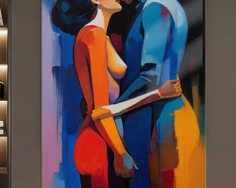 Romantic Couple Wall Art – Tempered Glass Print – Oil Painting Wall Art – Passionate Embrace Wall Art, Modern Home Decor, Office Wall Decor
