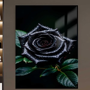 Black Rose Tempered Glass Wall Art – Gothic Floral Decor, Dark Romantic Flower Print, Unique Nature Aesthetic Home Wall Panel, Bedroom Decor