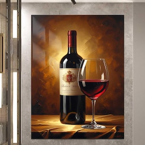 以下が含まれることがあります： 金色のテーブルクロスの上に置かれた赤ワインのボトルとグラスを描いた絵画。ボトルのラベルには「Baltic & Son」と書いてあります。