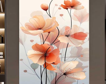 Orange and Beige Flowers, Tempered Glass Wall Art, Modern Floral Glass Panel, 3D Botanical Art, Elegant Decorative Glass, Stylish Wall Decor