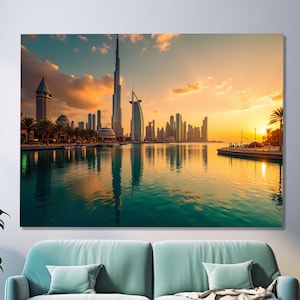 Dubai Sunset Skyline Wall Art – Tempered Glass Decor of Burj Khalifa View – Modern Cityscape for Elegant Home or Office Accent, Wall Hanging