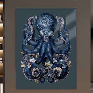 Arte de pared de vidrio con forma de pulpo, decoración de kraken de aguas profundas, tema náutico oceánico, panel de vidrio templado, obra de arte de vida marina, decoración de pared de monstruo marino oscuro