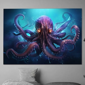 Arte de pared de vidrio con forma de pulpo, decoración de kraken de aguas profundas, tema náutico oceánico, panel de vidrio templado, obra de arte de vida marina, decoración de pared de monstruo marino oscuro
