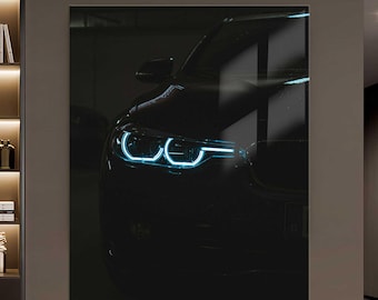 G30 Car Wall Art, Tempered Glass Wall Decor, Luxury Car Poster, Modern Automotive Wall Art, Black Car, Sports Car Print, Neon Headlights Art