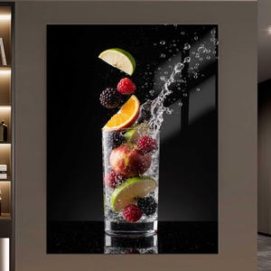 May include: A striking image of a glass of water with fruit. Slices of lime and orange, along with raspberries and blackberries, are suspended in the air, with water splashing out. The background is a solid black.