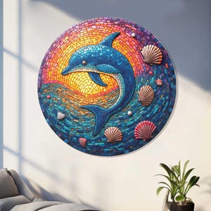 Arte mural de mosaico de vidrio con delfines: decoración náutica colorida de vidrio templado, colgante de pared costero moderno con sol y mar, regalo de barco, decoración de olas oceánicas