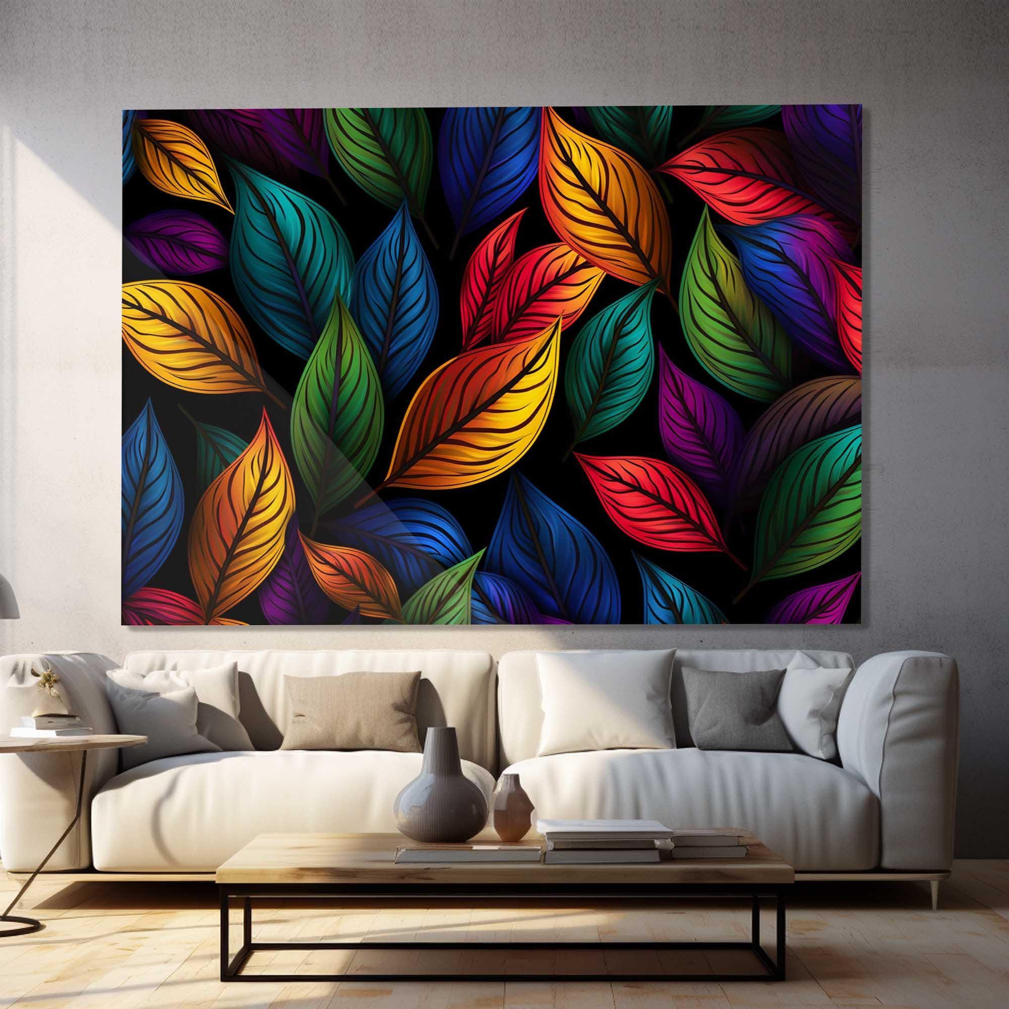 カラフルな葉の強化ガラスウォールアート - 自然にインスパイアされた