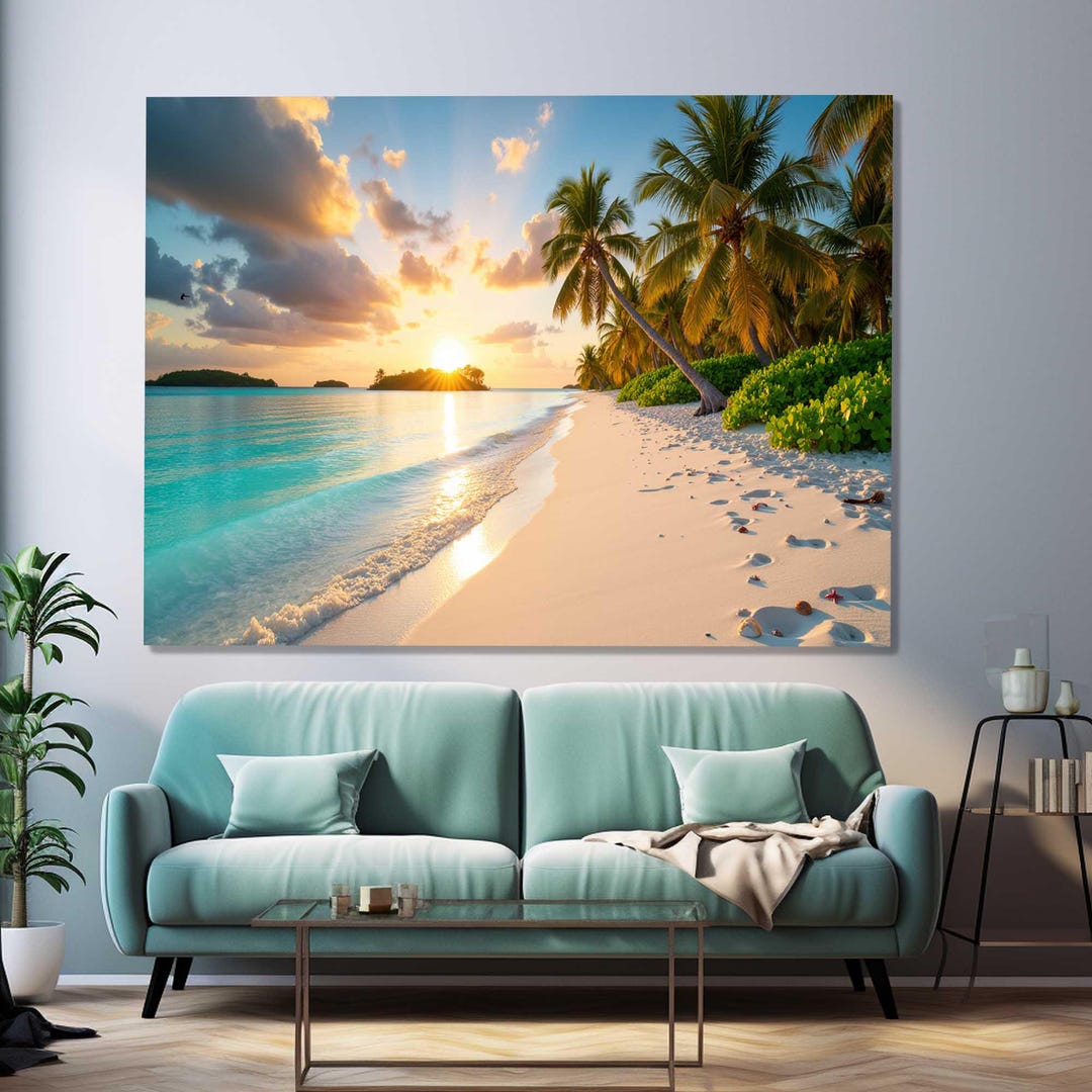 Tropical Island Wall Art on Tempered Glass – Sunset Ocean View Beach ...