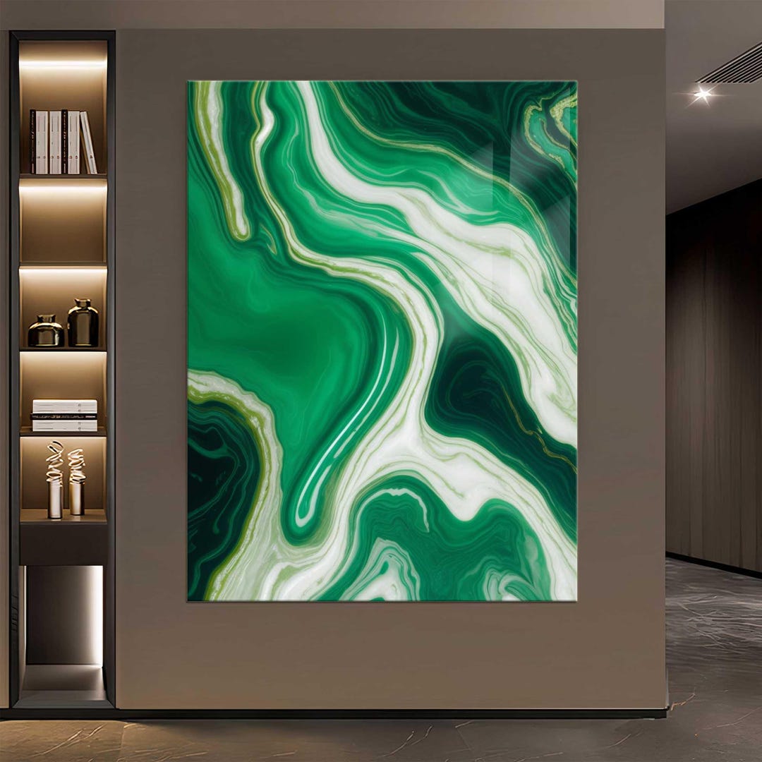 Emerald Green Marble Abstract Glass Wall Art – Modern Tempered Glass ...
