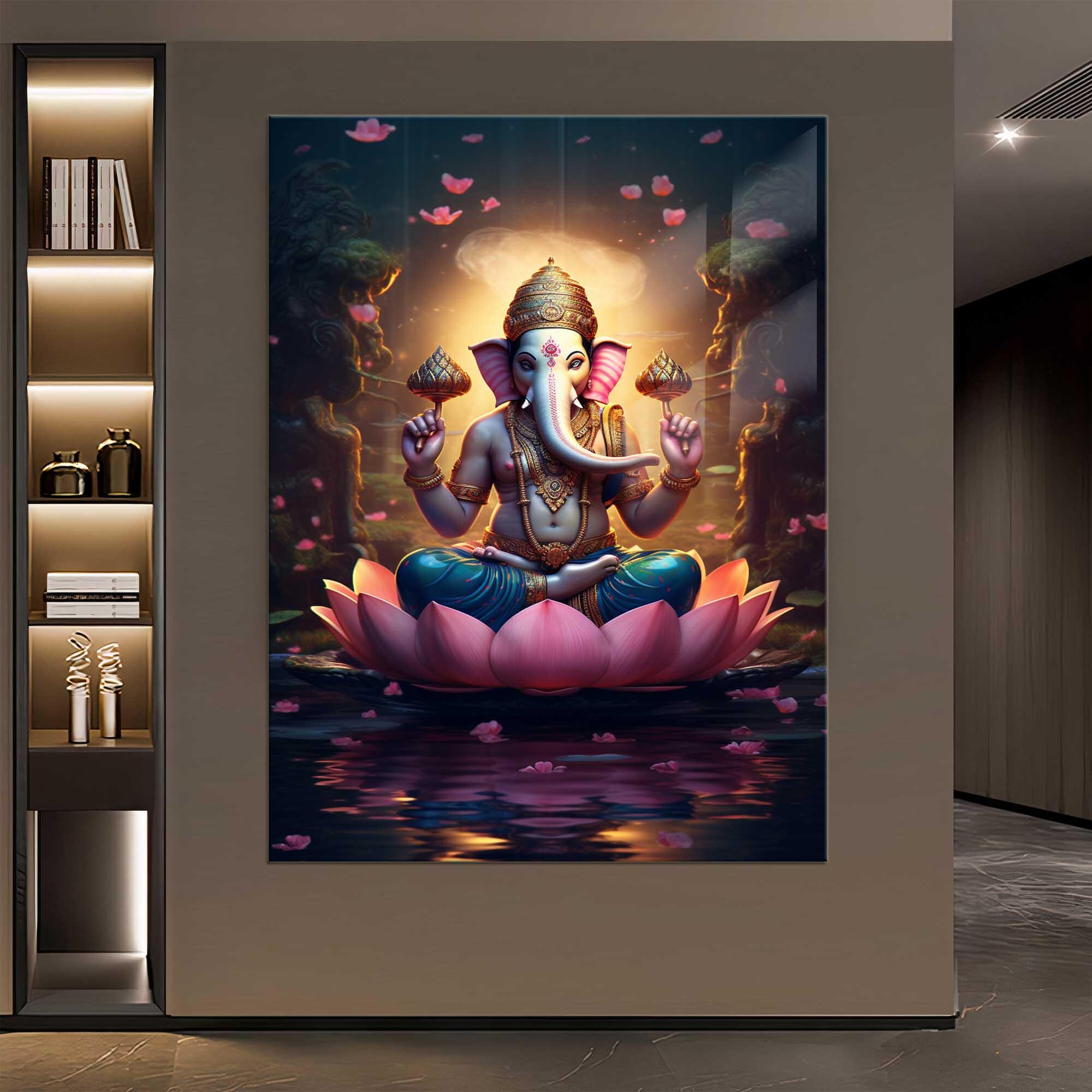 ガネーシャ アートパネル 5点セット ガネーシャの壁アート、強化ガラスの壁アート、ガラスプリント、大きな