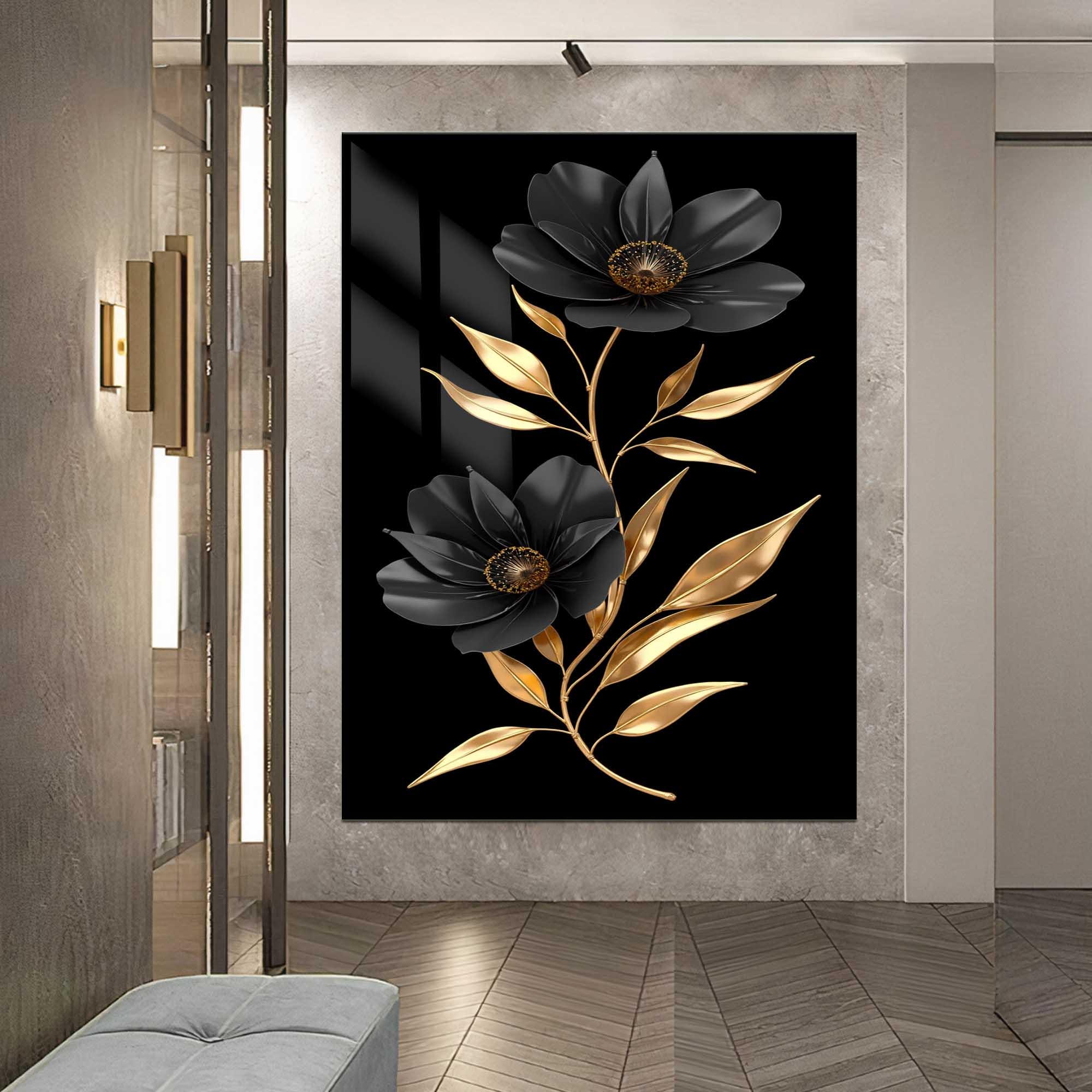 Black & Gold Floral Design, Modern Tempered Glass Wall Art, Elegant Glass Panel, Botanical Wall Decor, Home Art Piece, Stained Glass Flower