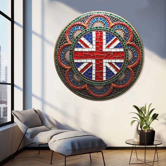 Union Jack Mosaic Glass Wall Art, Round British Flag Tempered
