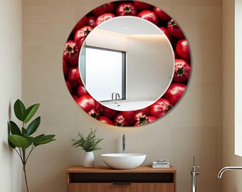 Pomegranate Mirror Wall Art, Modern Tempered Glass Wall Art - Handmade Bathroom Mirror Decor - Red Mirror Wall Hanging