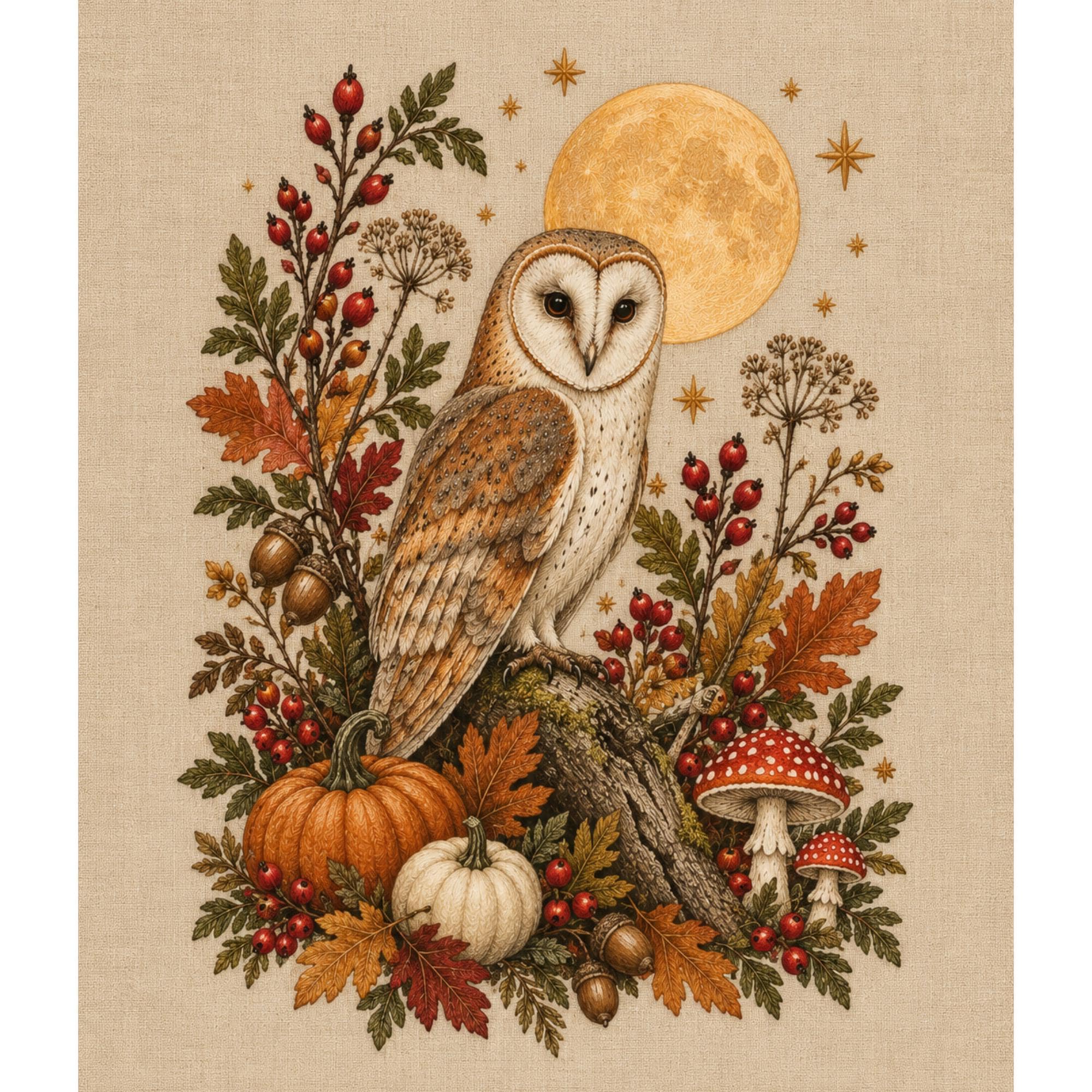 Owl Halloween Wall Art Printable, Harvest Moon Woodland Decor, Autumn Digital Download