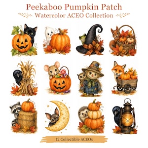 Peekaboo Pumpkin Patch Halloween ACEO Collection Watercolor Miniature Art Cards Set of 12 Collectibles
