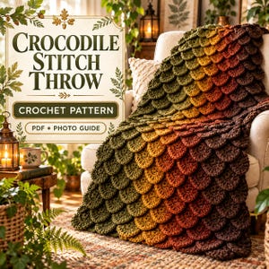 May include: A crochet throw featuring a crocodile stitch pattern in a gradient of green, yellow, orange, and brown. The text reads CROCODILE STITCH THROW CROCHET PATTERN PDF PHOTO GUIDE. The blanket is draped over a chair in a room setting.