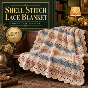 May include: A crochet blanket featuring a shell-stitch pattern in alternating stripes of cream, dusty pink, and muted blue. The text on the image reads: SHELL-STITCH LACE BLANKET CROCHET PDF PATTERN and INSTANT DOWNLOAD. The blanket has a scalloped edge.