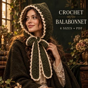 Puede incluir: Un gorro de ganchillo verde oscuro con un borde festoneado de color crema a lo largo de la capucha y dos lazos largos colgantes. El texto CROCHET BALABONNET 4 SIZES PDF es visible en la esquina superior derecha, indicando un patrón digital.