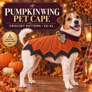 Haakpatroon voor een hondencape met pompoenvleugels, verstelbaar patroon voor een hondencape, Halloweenkostuum voor huisdieren, pompoenoutfit voor honden, gehaakte kleding voor huisdieren