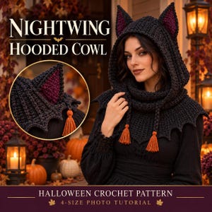 May include: A black crochet hooded cowl featuring pointed bat-like ears with dark purple inner accents and scalloped edges. The hood includes two braided ties ending in orange tassels. Text reads: NIGHTWING HOODED COWL HALLOWEEN CROCHET PATTERN.