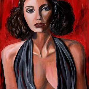 May include: A painting of a woman with dark curly hair wearing a black halter top against a red background.